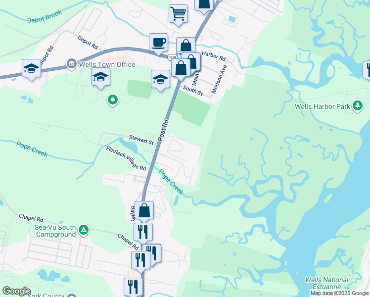map of restaurants, bars, coffee shops, grocery stores, and more near 1413 U.S. Highway 1 in Wells