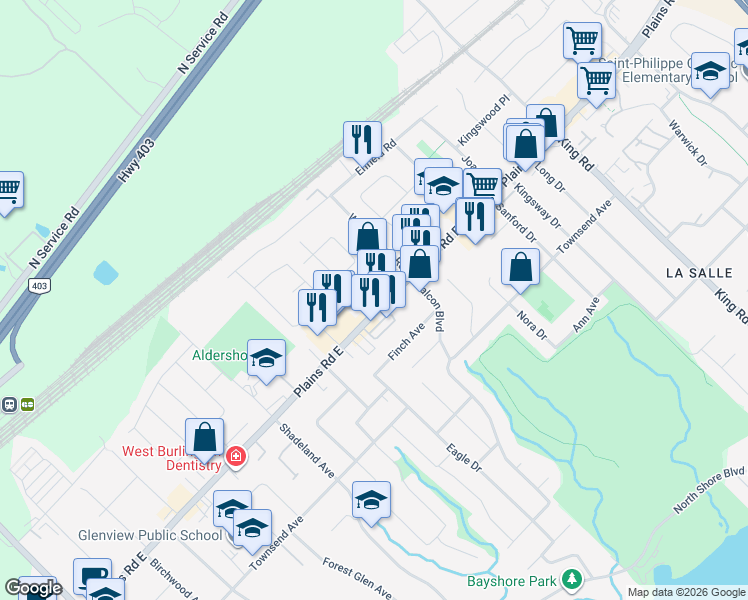 map of restaurants, bars, coffee shops, grocery stores, and more near in Burlington