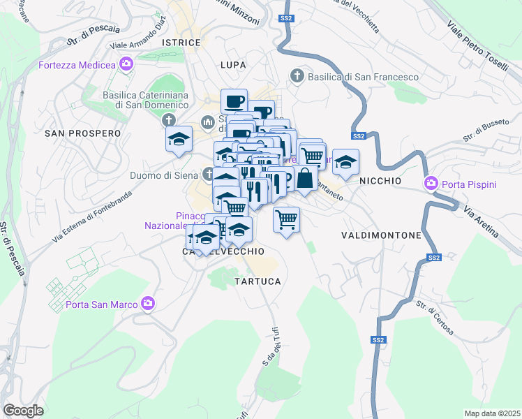 map of restaurants, bars, coffee shops, grocery stores, and more near in Siena