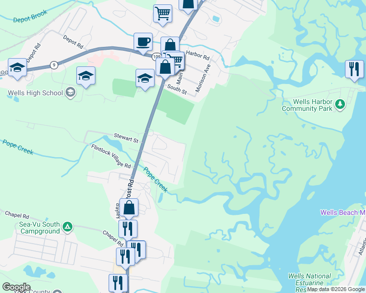 map of restaurants, bars, coffee shops, grocery stores, and more near 1433 Post Rd in Wells