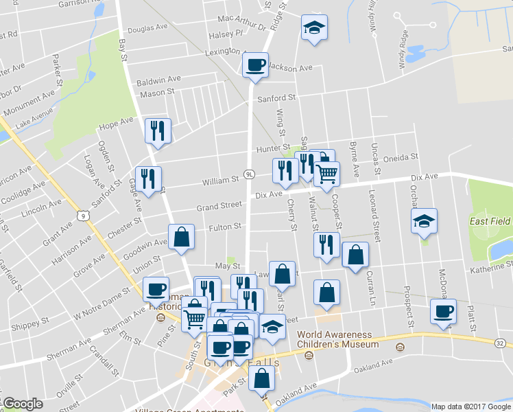 map of restaurants, bars, coffee shops, grocery stores, and more near 175 Ridge Street in Glens Falls