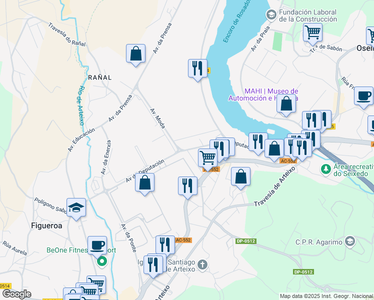 map of restaurants, bars, coffee shops, grocery stores, and more near Avenida da Deputación in La Coruña