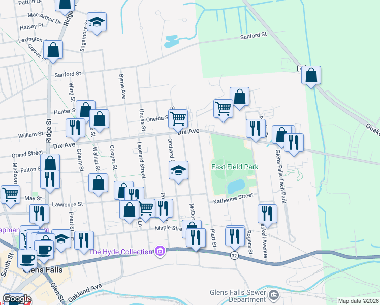 map of restaurants, bars, coffee shops, grocery stores, and more near 95 McDonald Street in Glens Falls