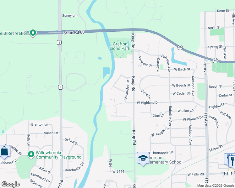 map of restaurants, bars, coffee shops, grocery stores, and more near 523 Cottonwood Lane in Grafton