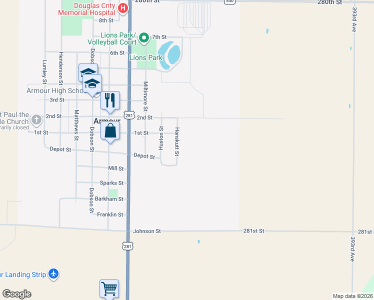 map of restaurants, bars, coffee shops, grocery stores, and more near 1009 1st Street in Armour