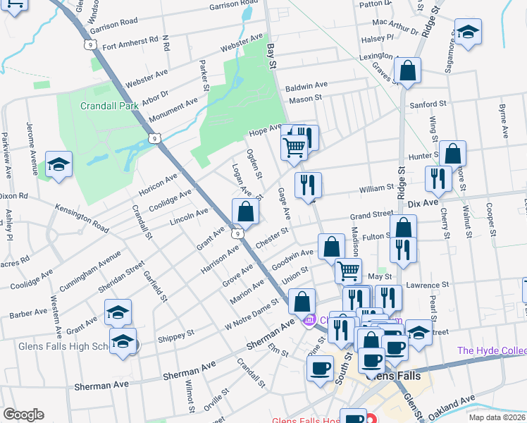 map of restaurants, bars, coffee shops, grocery stores, and more near 10 Monroe Street in Glens Falls