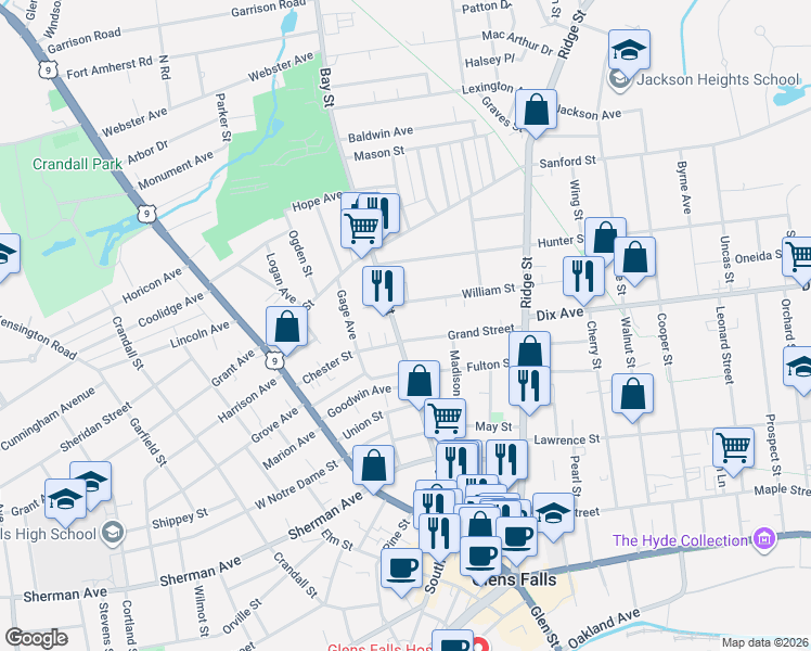 map of restaurants, bars, coffee shops, grocery stores, and more near 121 Bay Street in Glens Falls