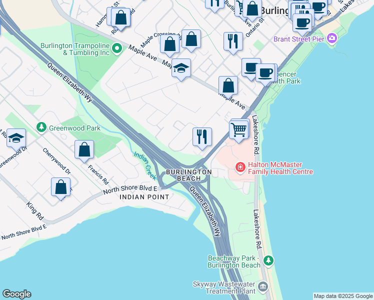 map of restaurants, bars, coffee shops, grocery stores, and more near 1160 Bellview Street in Burlington