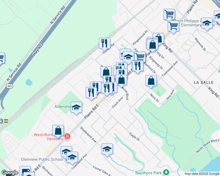 map of restaurants, bars, coffee shops, grocery stores, and more near 391 Dovercourt Avenue in Burlington