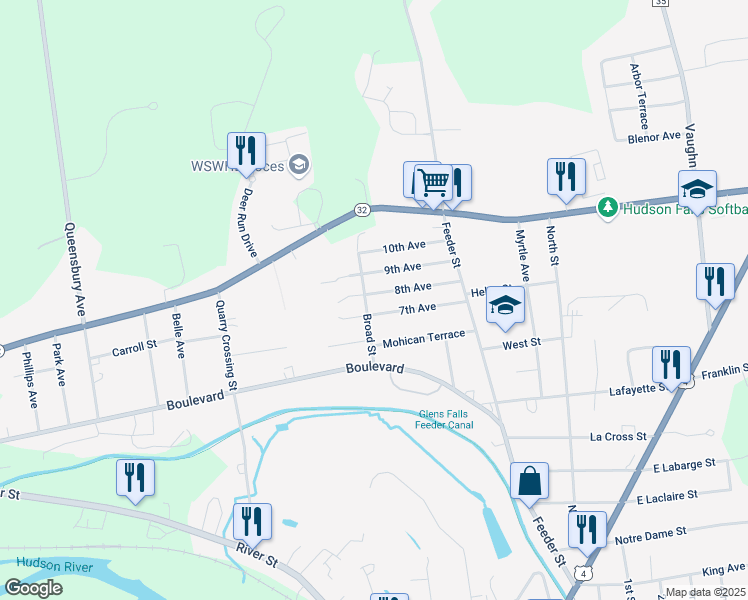 map of restaurants, bars, coffee shops, grocery stores, and more near 35 8th Avenue in Hudson Falls
