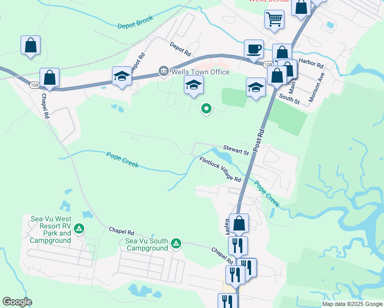 map of restaurants, bars, coffee shops, grocery stores, and more near 97 Flintlock Village in Wells