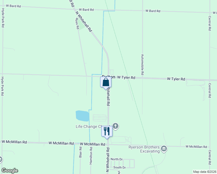 map of restaurants, bars, coffee shops, grocery stores, and more near 3353 Whitehall Road in Muskegon