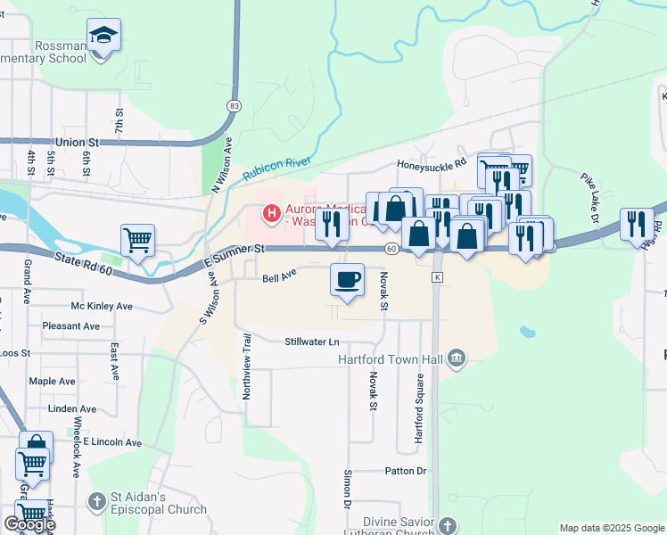 map of restaurants, bars, coffee shops, grocery stores, and more near 1275 Bell Avenue in Hartford