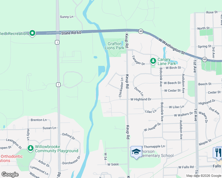 map of restaurants, bars, coffee shops, grocery stores, and more near 523 Cottonwood Lane in Grafton
