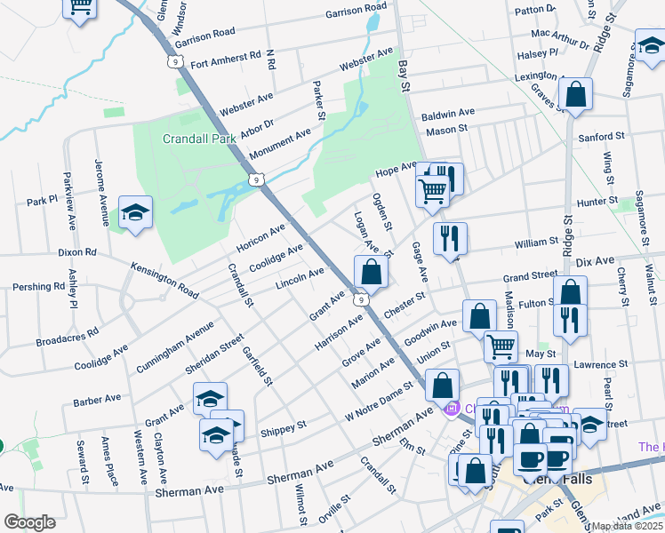 map of restaurants, bars, coffee shops, grocery stores, and more near Glen Street in Glens Falls
