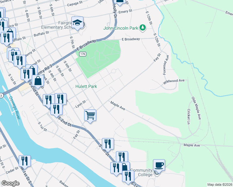 map of restaurants, bars, coffee shops, grocery stores, and more near Fay Street in Fulton