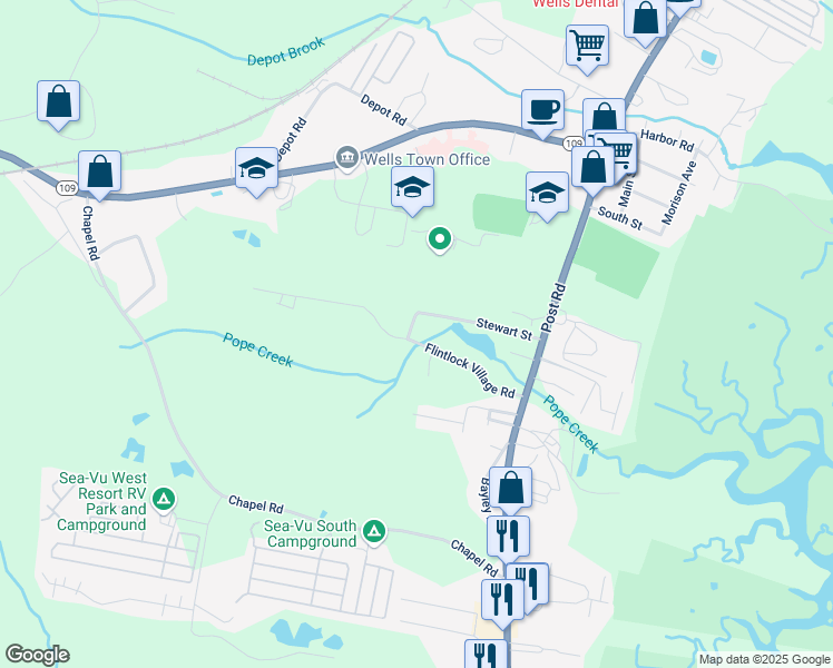 map of restaurants, bars, coffee shops, grocery stores, and more near 97 Flintlock Village in Wells