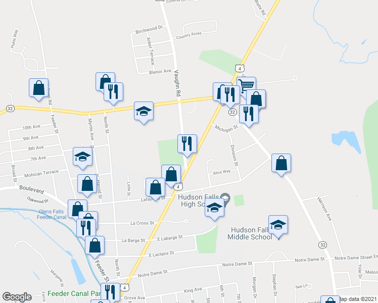 map of restaurants, bars, coffee shops, grocery stores, and more near 3019 U.S. 4 in Hudson Falls