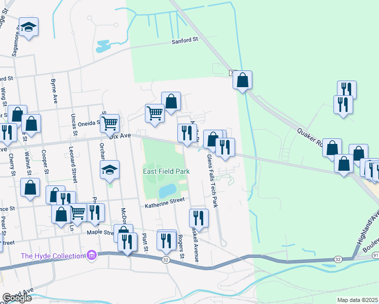 map of restaurants, bars, coffee shops, grocery stores, and more near 90 Haskell Avenue in Glens Falls