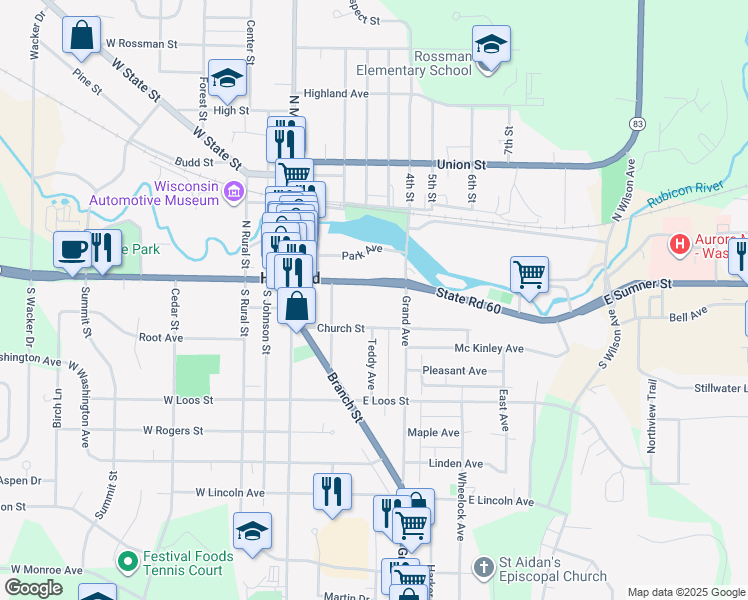 map of restaurants, bars, coffee shops, grocery stores, and more near 225 East Sumner Street in Hartford