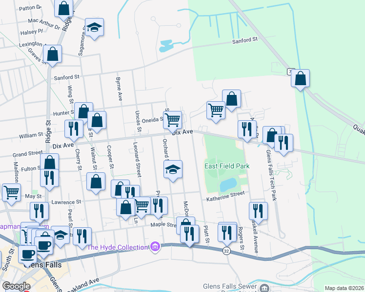 map of restaurants, bars, coffee shops, grocery stores, and more near 95 McDonald Street in Glens Falls