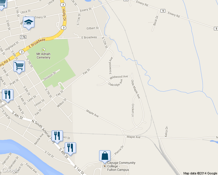 map of restaurants, bars, coffee shops, grocery stores, and more near 27 Oakridge Avenue in Fulton