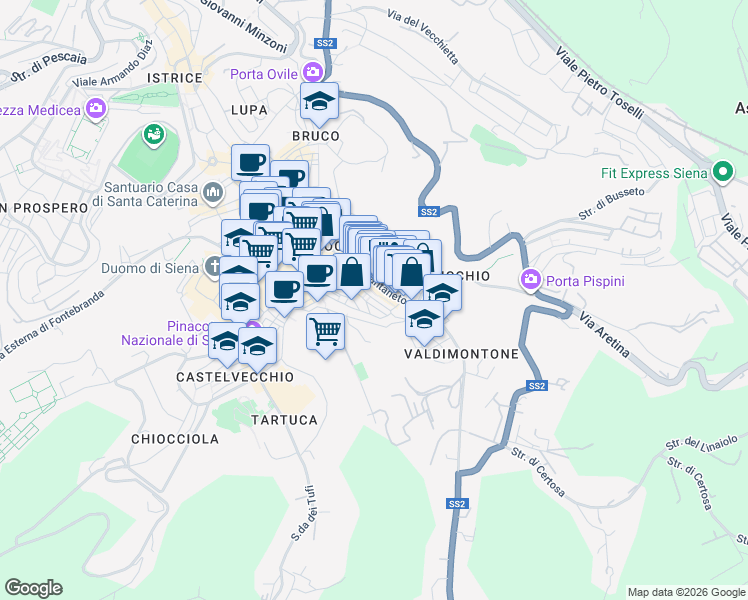 map of restaurants, bars, coffee shops, grocery stores, and more near 105-106 Via Pantaneto in Siena
