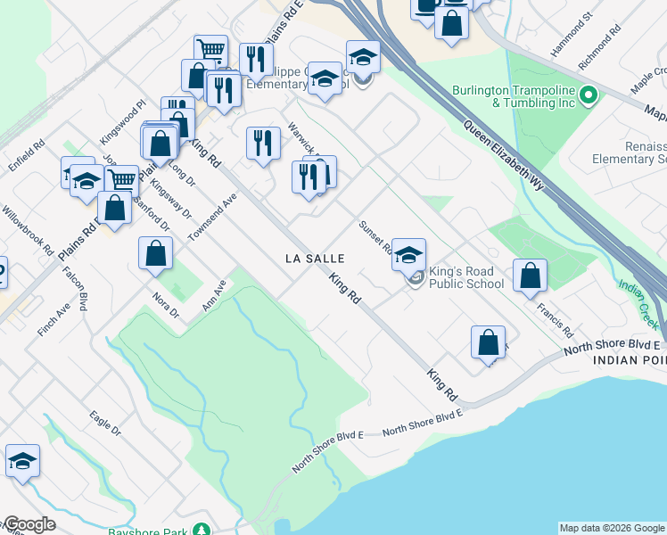 map of restaurants, bars, coffee shops, grocery stores, and more near 795 King Road in Burlington
