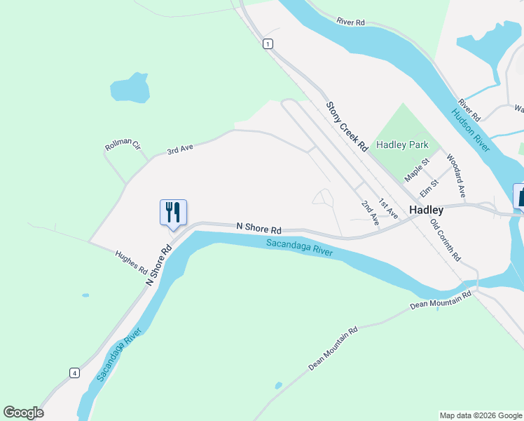 map of restaurants, bars, coffee shops, grocery stores, and more near 4003 North Shore Road in Hadley