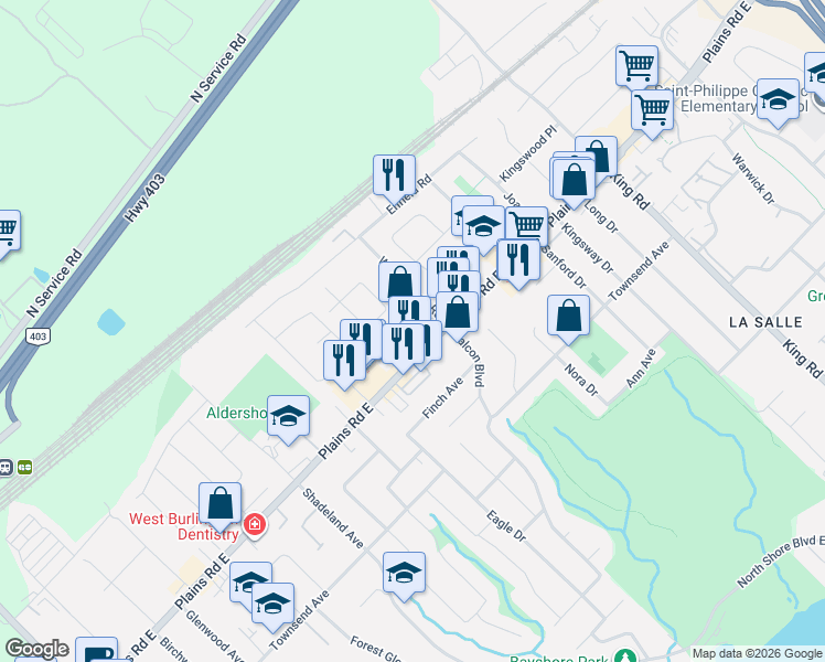 map of restaurants, bars, coffee shops, grocery stores, and more near 391 Plains Road East in Burlington