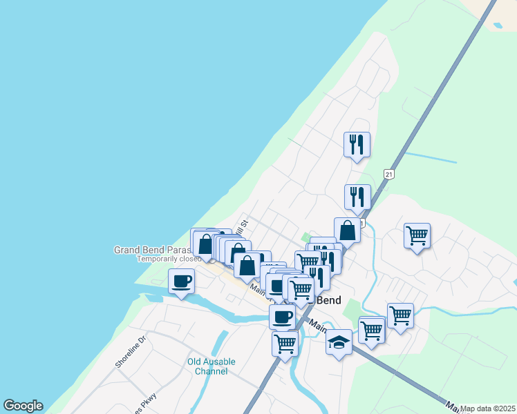 map of restaurants, bars, coffee shops, grocery stores, and more near 50 Hill Street in Grand Bend