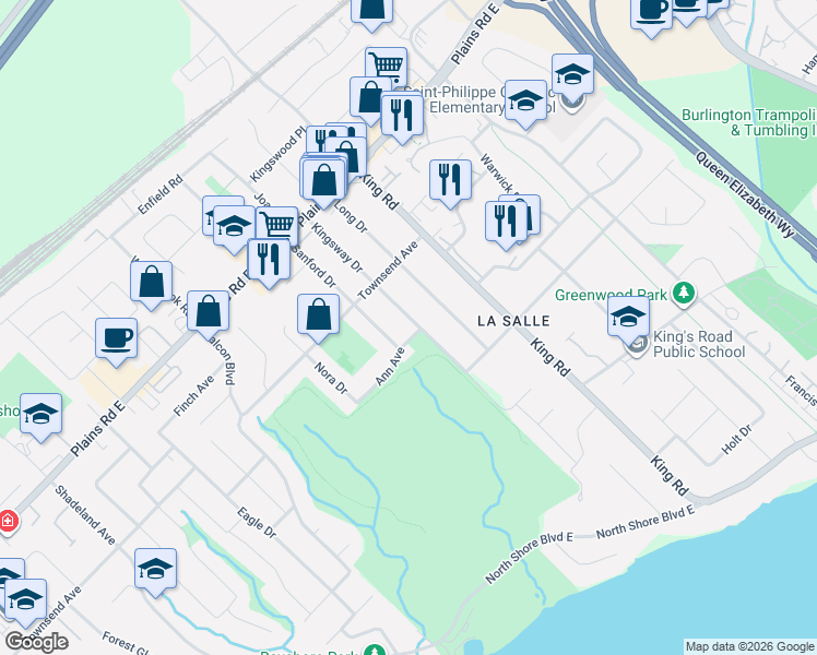 map of restaurants, bars, coffee shops, grocery stores, and more near 549 Ann Avenue in Burlington