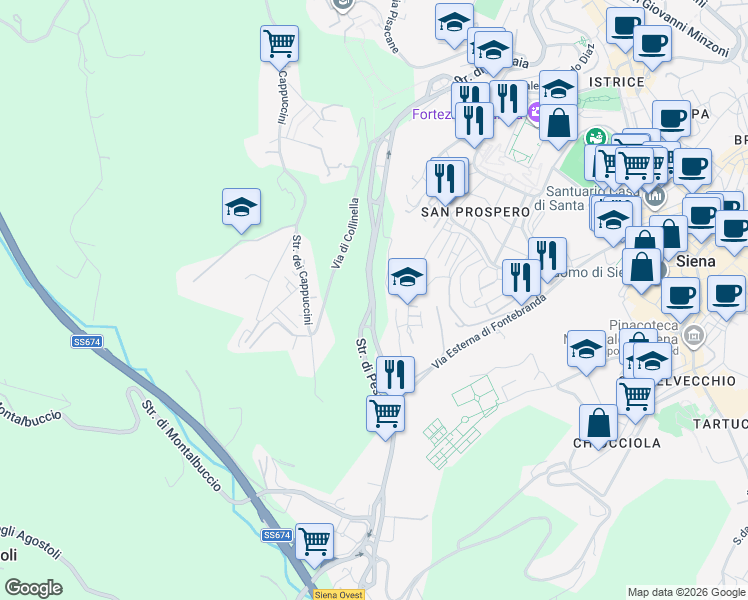 map of restaurants, bars, coffee shops, grocery stores, and more near 22 Via del Colle in Siena