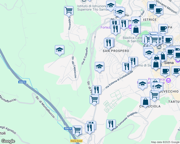map of restaurants, bars, coffee shops, grocery stores, and more near 28 Strada di Pescaia in Siena