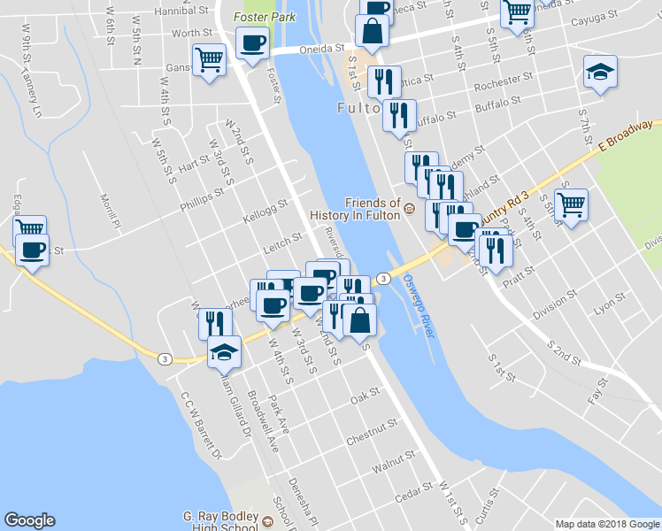 map of restaurants, bars, coffee shops, grocery stores, and more near 251 West 1st Street South in Fulton
