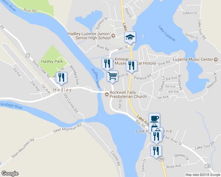 map of restaurants, bars, coffee shops, grocery stores, and more near 5 Main Street in Lake Luzerne
