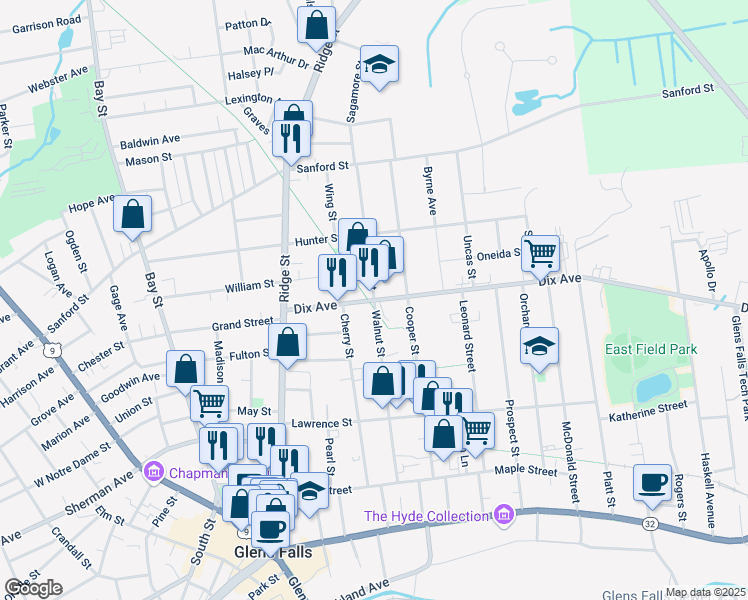 map of restaurants, bars, coffee shops, grocery stores, and more near Dix Avenue & Walnut Street in Glens Falls