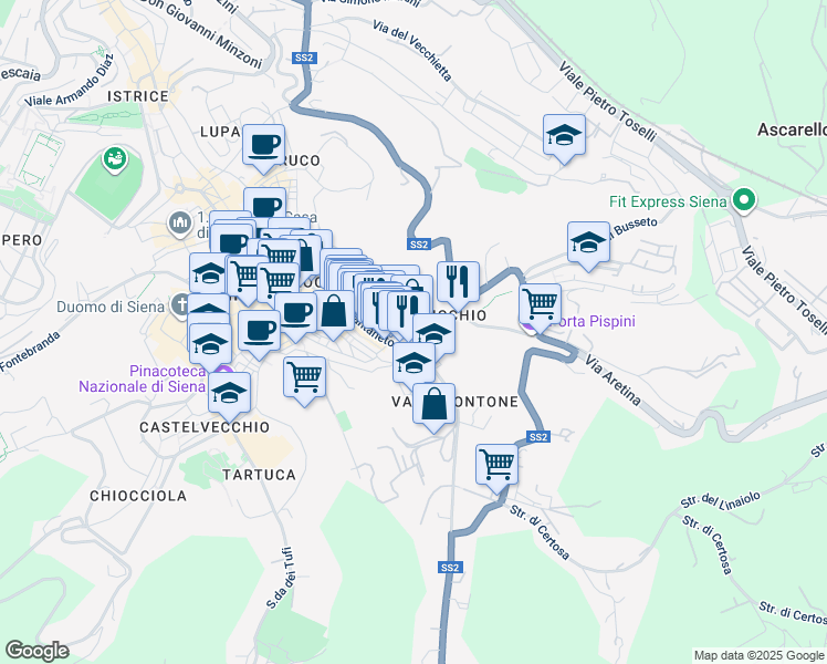 map of restaurants, bars, coffee shops, grocery stores, and more near 22 Via di Fieravecchia in Siena