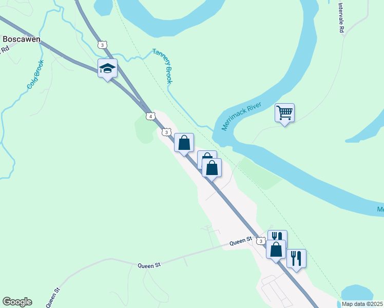 map of restaurants, bars, coffee shops, grocery stores, and more near 224 King Street in Boscawen