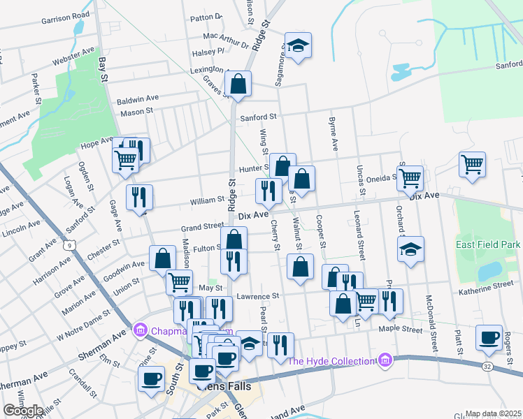 map of restaurants, bars, coffee shops, grocery stores, and more near 18 Dix Avenue in Glens Falls