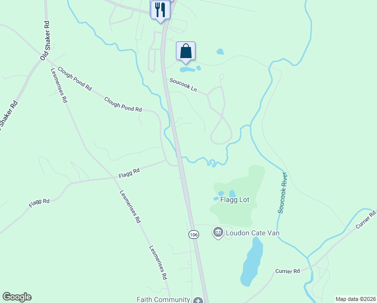map of restaurants, bars, coffee shops, grocery stores, and more near Rocky Pond Road in Loudon