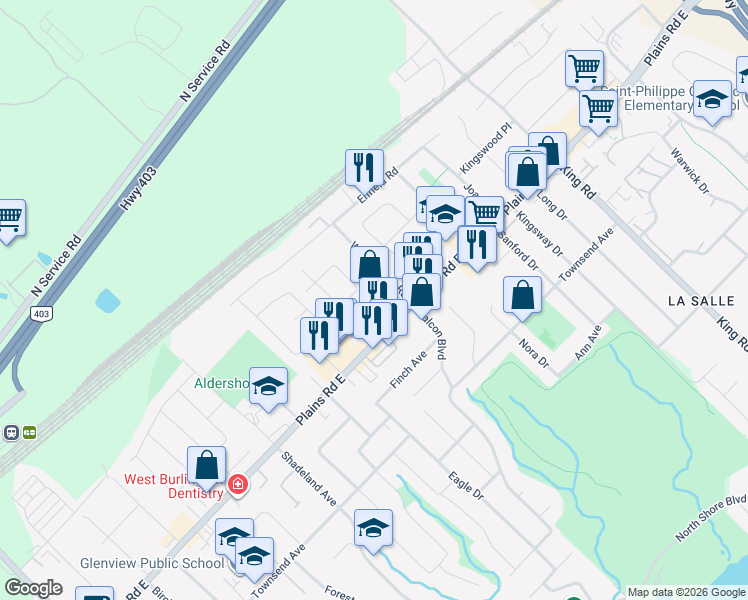 map of restaurants, bars, coffee shops, grocery stores, and more near 405 Plains Road East in Burlington