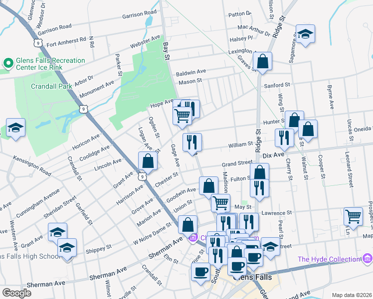 map of restaurants, bars, coffee shops, grocery stores, and more near 124R Bay Street in Glens Falls