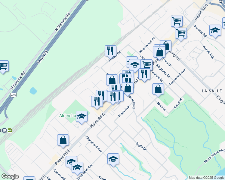 map of restaurants, bars, coffee shops, grocery stores, and more near 405 Plains Road East in Burlington