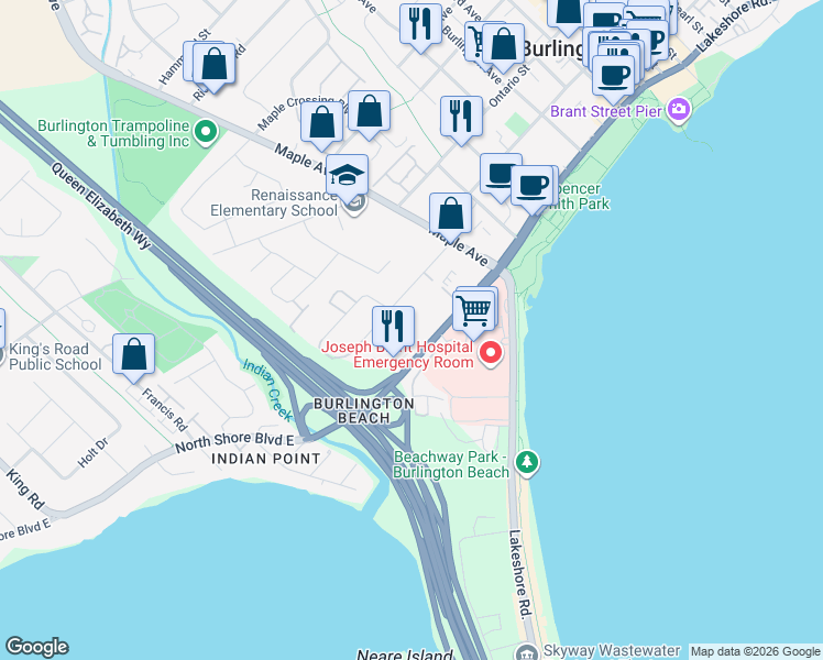 map of restaurants, bars, coffee shops, grocery stores, and more near 1201 North Shore Boulevard East in Burlington