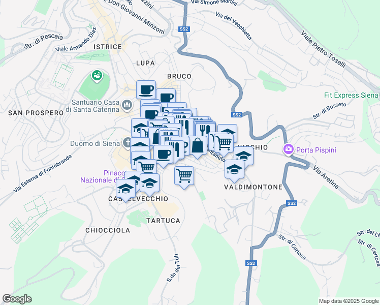 map of restaurants, bars, coffee shops, grocery stores, and more near 49 Via Salicotto in Siena