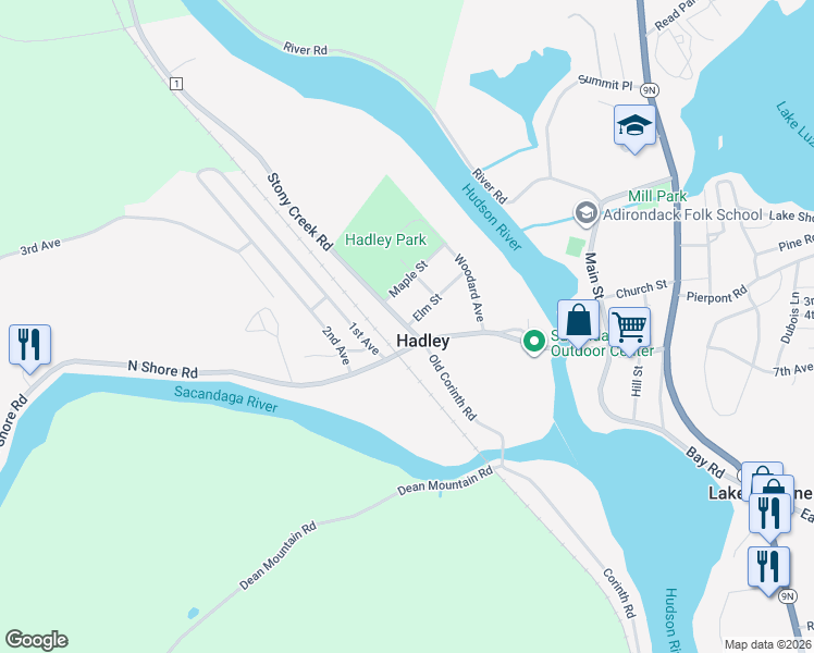 map of restaurants, bars, coffee shops, grocery stores, and more near Stony Creek Road & Elm Street in Hadley