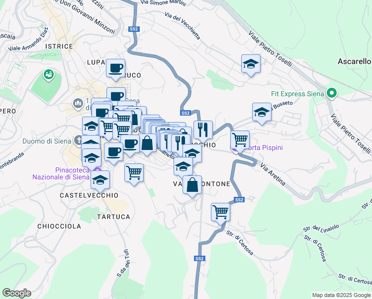 map of restaurants, bars, coffee shops, grocery stores, and more near 22 Via di Fiera Vecchia in Sienna