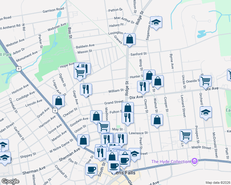 map of restaurants, bars, coffee shops, grocery stores, and more near 43 William Street in Glens Falls