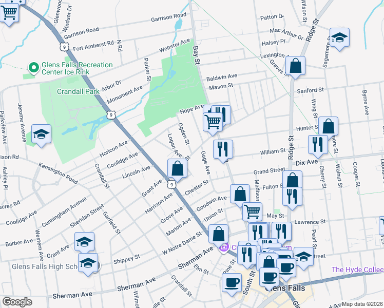 map of restaurants, bars, coffee shops, grocery stores, and more near Sanford Street & Ogden Street in Glens Falls